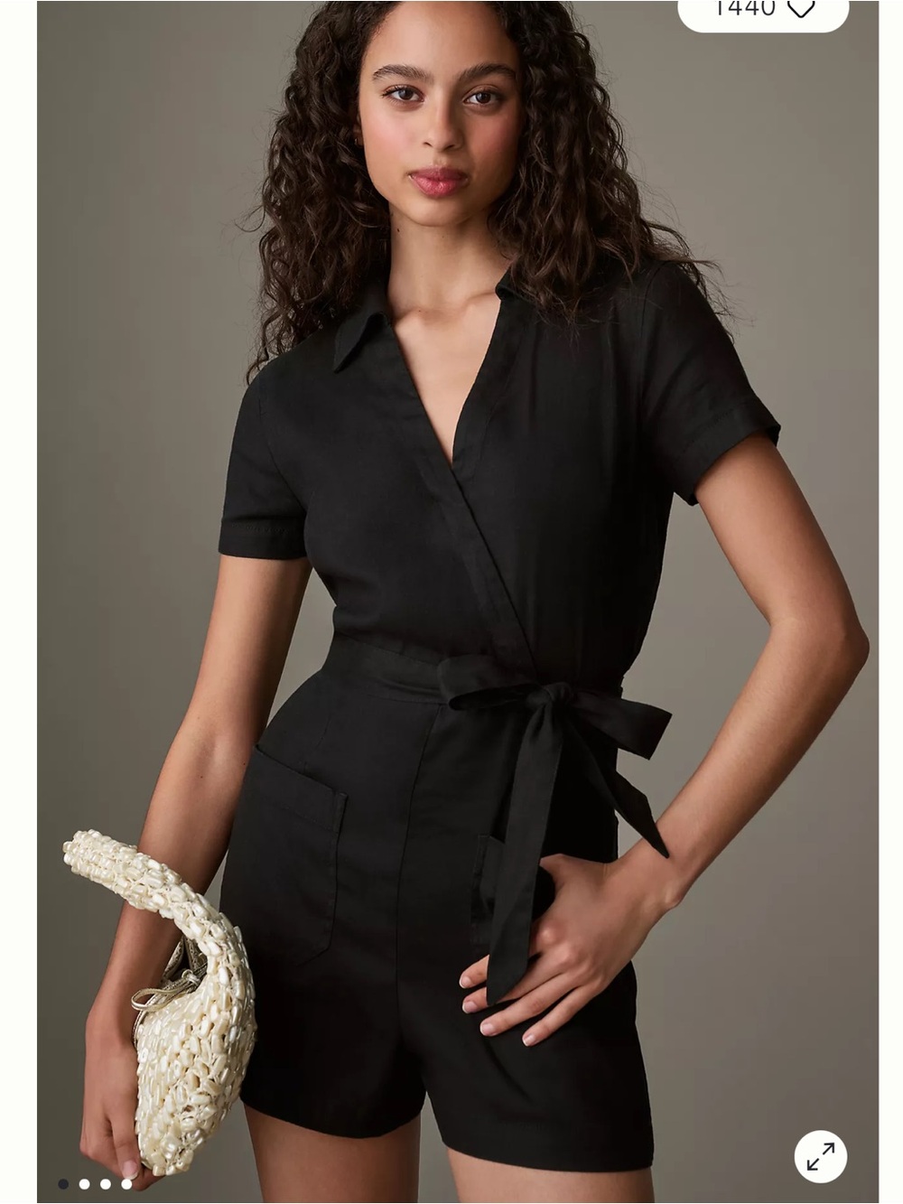 Maeve Black Short-Sleeve Wrap Romper with Tie Waist